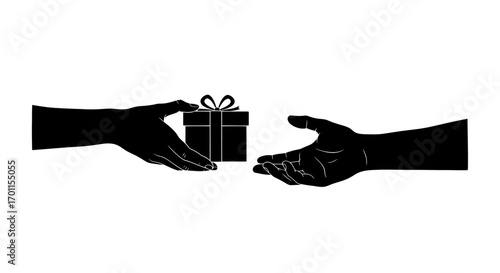 Silhouette illustration of two hands exchanging a wrapped gift box.