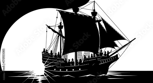 Silhouette of a tall sailing ship on the ocean, with the sun setting behind it.