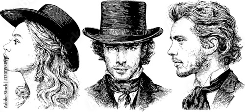 Vintage engraving style illustration set featuring victorian era ladies and gentlemen silhouettes