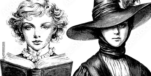 Vintage engraving style illustration of elegant ladies with books and hats