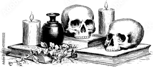 Vintage magic engraving illustration set with skulls candles books for retro design