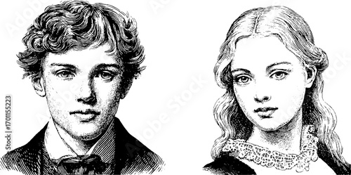 Vintage engraving style illustration set of male and female portraits for retro design