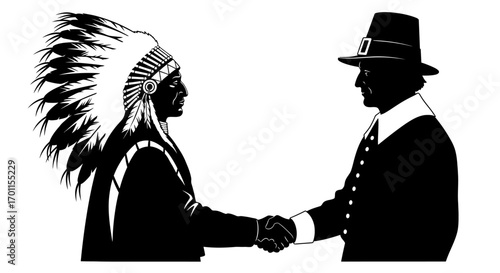 Silhouette illustration depicting a Native American and a Pilgrim shaking hands in a gesture of unity.