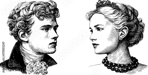 Vintage victorian engraving of noble male and female portraits for antique decor