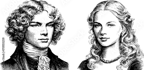 Vintage engraving style portraits set of male and female silhouettes for retro design