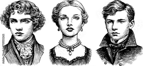 Vintage engraving style portrait illustrations of males and female for retro design projects