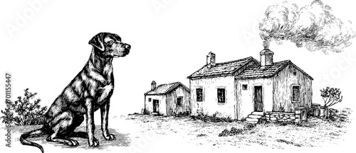 Vintage engraving of a tranquil night scene with dog and rural house