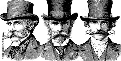 Vintage engraving style illustration set of noble gentlemen with top hats