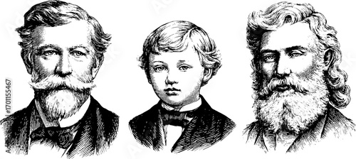Vintage engraving style portraits of noblemen and child for retro designs