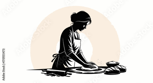 Silhouette of a woman kneading dough, preparing bread in a kitchen setting.