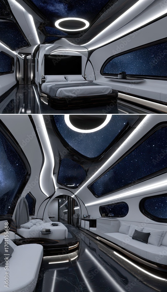 Fototapeta premium A futuristic bedroom with panoramic stargazing views, showcasing contemporary design and luxurious amenities.