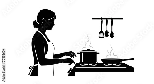 Woman cooking on a stovetop, preparing a meal in her kitchen.