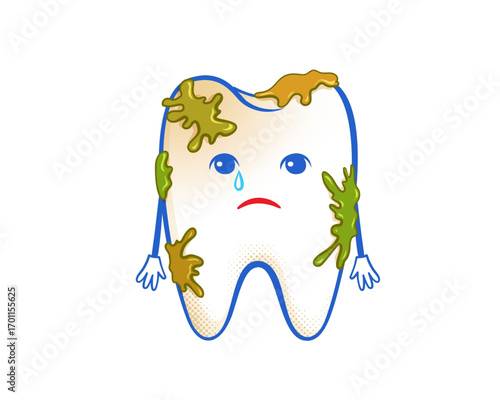 Sad crying cartoon tooth character with plaque and decay, illustrating poor dental hygiene and toothache problems. Vector art on a white background