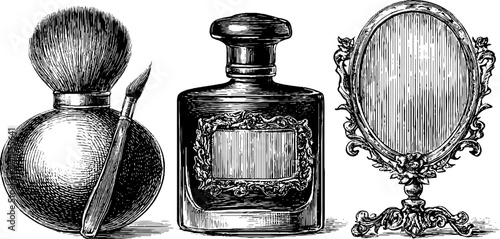 Vintage engraving style illustration set of perfume bottles and mirror