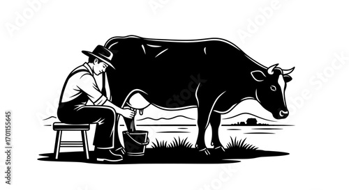 A farmer sits on a stool and milks a cow into a bucket in a rural landscape.