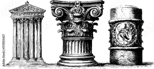 Vintage engraving style illustration set of classical architectural columns for design