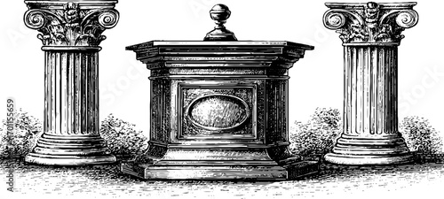 Vintage engraving style illustration of classical podium and columns - ideal for retro design