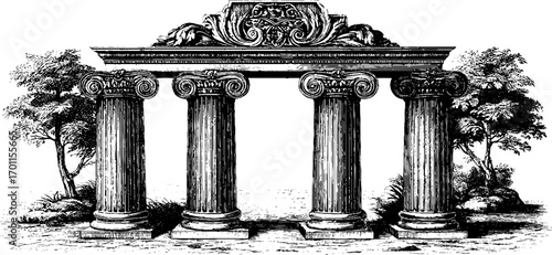 Vintage hand drawn engraving of architectural columns with ornate capitals