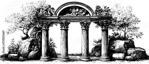 Classical architecture vintage engraving with elegant columns and ornamental design