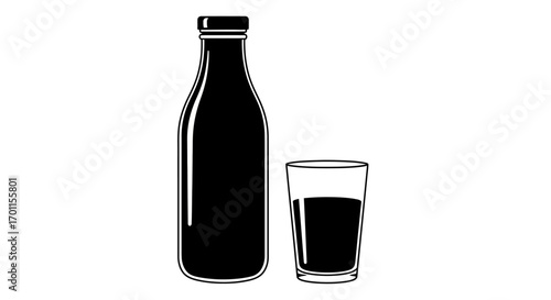 Illustration of a filled bottle and a glass with liquid, both in black silhouette against a white background.