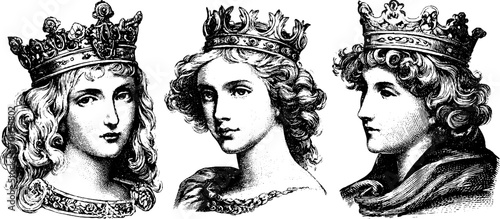 Vintage engraving style illustration of queens - classic and elegant design for historical themes