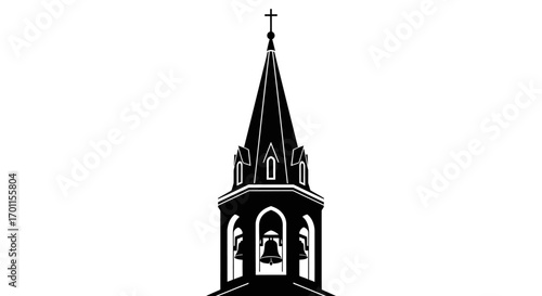 Silhouette of a church steeple with a cross on top, showcasing its architectural details against a white background.