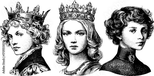 Elegant vintage engraving style illustrations of queens with crown and silhouette design elements