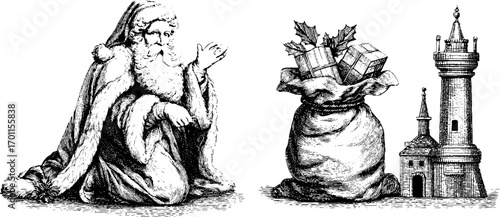 Vintage santa claus illustration set with gift bag and tower design for holiday cards