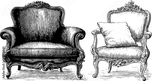Vintage engraving style illustration of elegant antique armchairs
