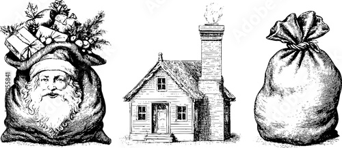 Vintage santa claus, cottage, gift sack engraving for christmas design