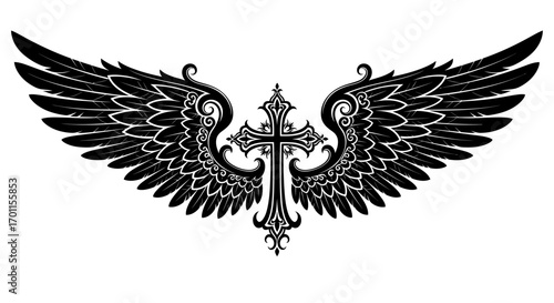 A detailed black and white illustration featuring a cross centered between spread wings.