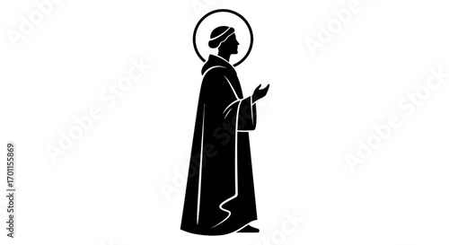 Silhouette of a robed figure with a halo, hands raised in prayer or supplication.