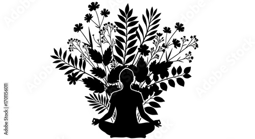 Silhouette of a person meditating amidst a flourishing array of plants and flowers.