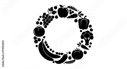 A circular arrangement of various fruits and vegetables forms a decorative frame.