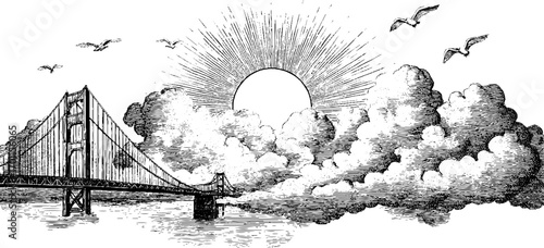 Vintage hand drawn engraving of a bridge and sunrise with birds