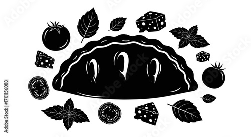 A black and white illustration of a calzone surrounded by ingredients.