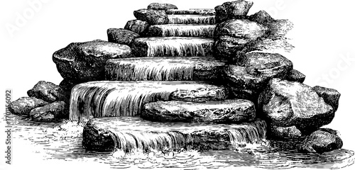 Vintage engraving style illustration of cascading stream and rocks for classic print design