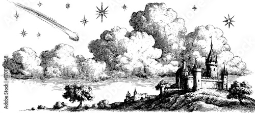 Vintage engraving of a dreamy castle landscape under a starry night sky