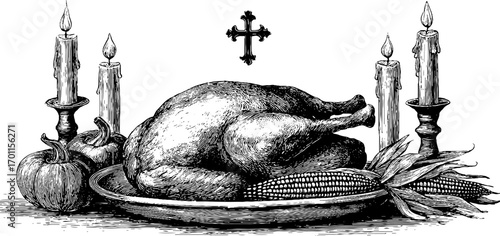 Vintage thanksgiving feast sketch with turkey, candles, and autumn harvest elements