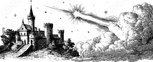 Vintage engraving of medieval castle with shooting star and clouds - retro sketch for design