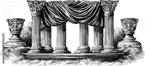 Vintage engraving style illustration of classical theater columns with draped curtain