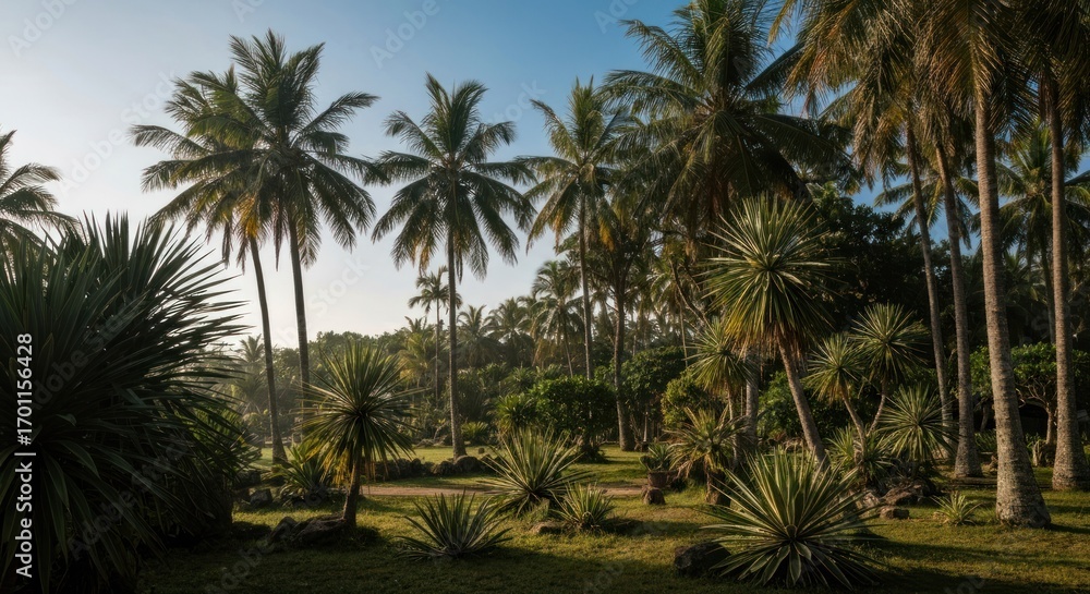 Obraz premium Lush tropical garden with tall palm trees (1)