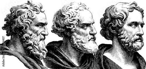 Vintage engraving style illustration of three bearded men in profile