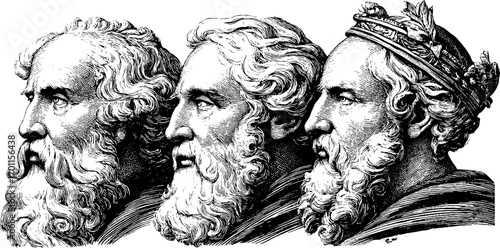 Classical portraits engraving trio of bearded men in vintage style for artistic design