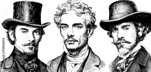 Vintage engraving style illustration set of three distinguished gentlemen in classic hats
