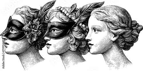 Vintage masked women portraits in engraving style for retro design and decor