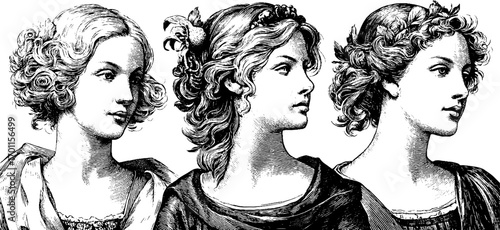 Vintage portraits of three women in engraving style - ideal for art design and inspiration