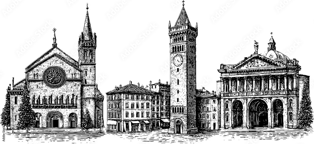 Fototapeta premium Vintage engraving style illustration of historic european town architecture