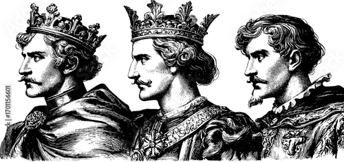 Historical monarchs in vintage engraving style set for design, print, poster