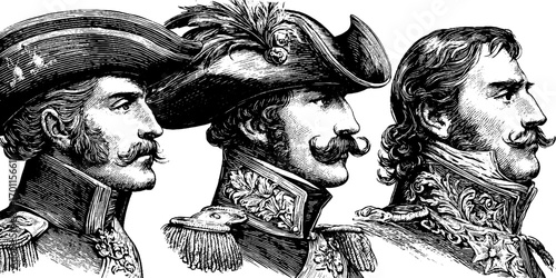 Vintage engraving style illustration of three historical figures in elaborate attire